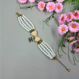 Vintage Multi Strand Pearl and Bow Bracelet with Crystal Accents